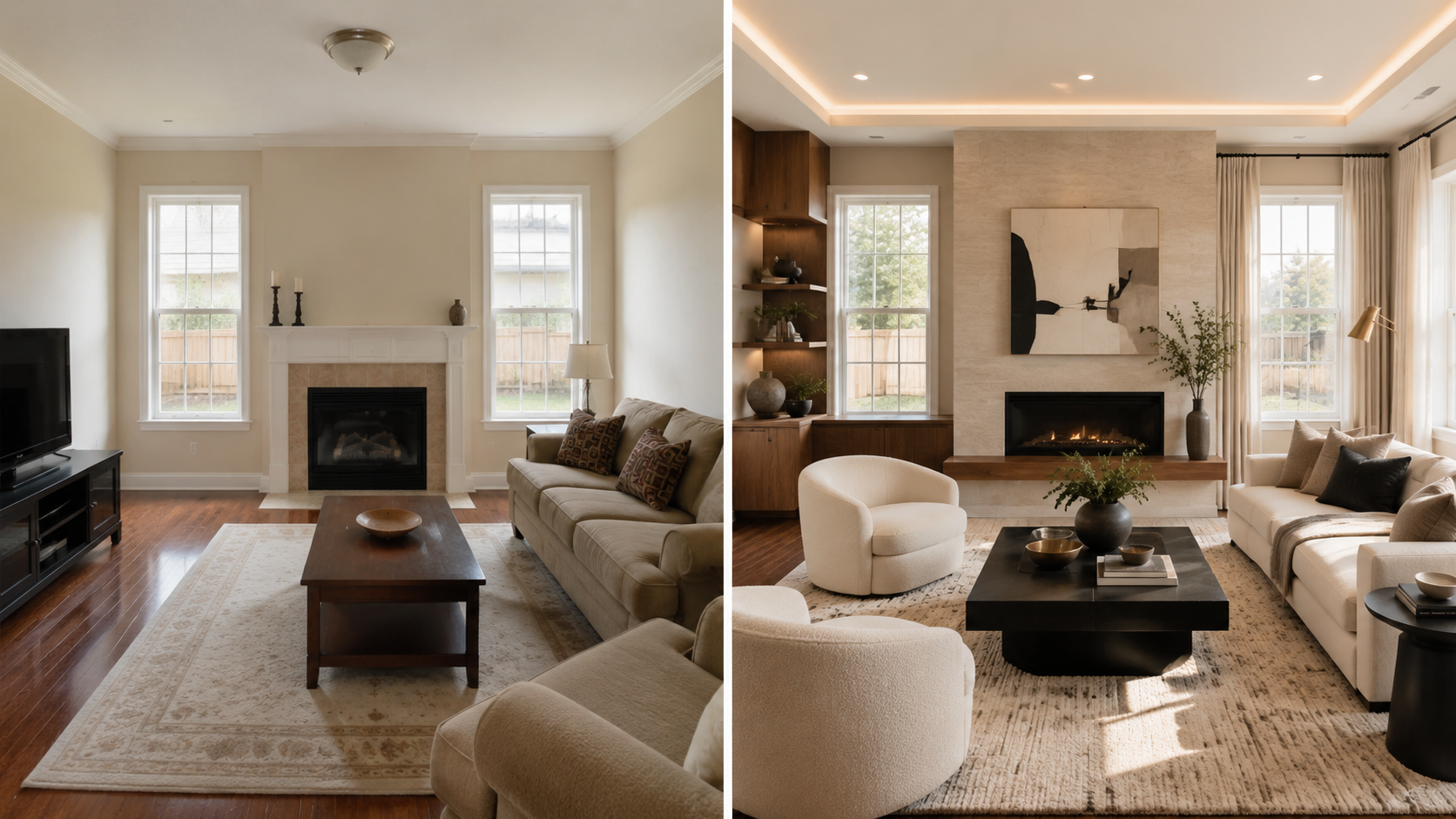 The same family room before and after an elevated warm-modern transformation