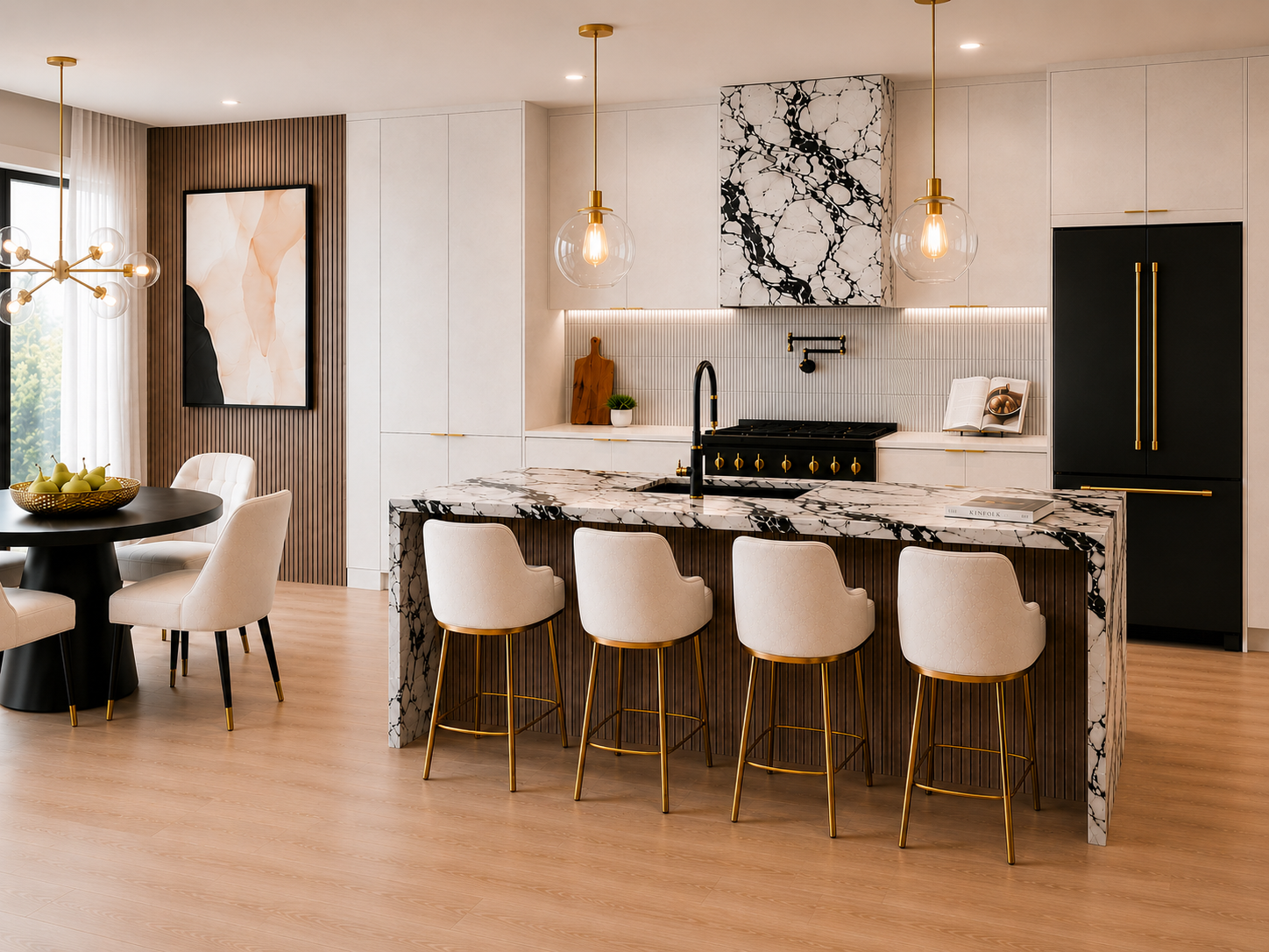 Modern black, white and brass kitchen with a dramatic stone island, integrated appliances and coordinated dining area