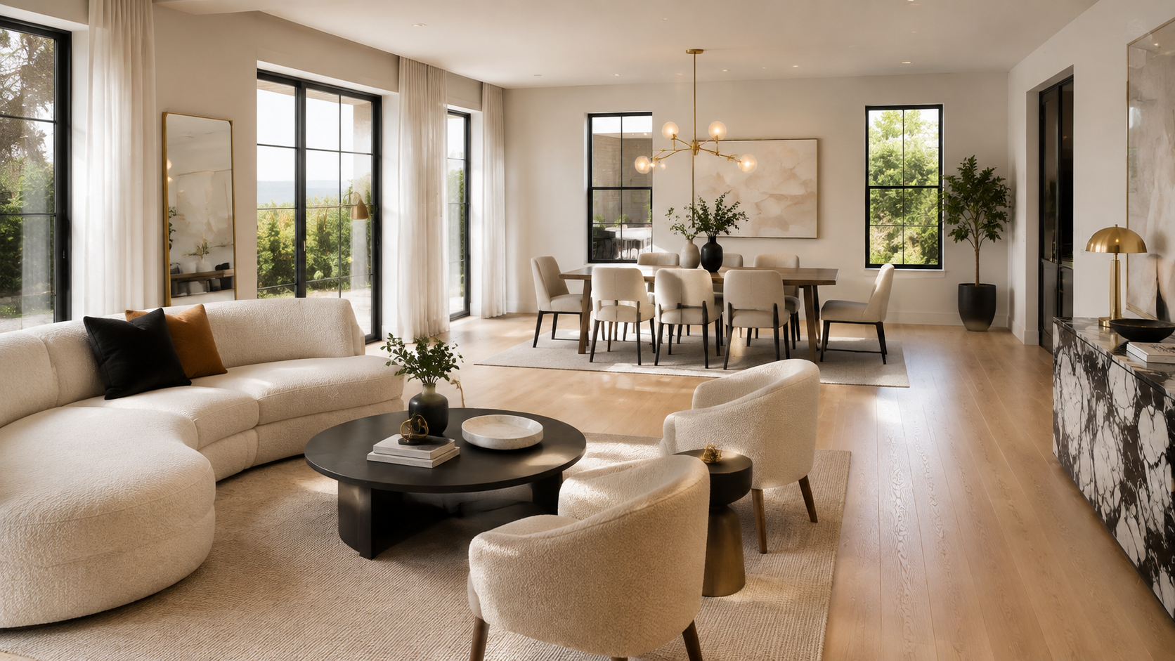 Warm modern pre-construction home with clearly defined living and dining zones, cream seating, warm oak flooring, black accents and restrained brass lighting