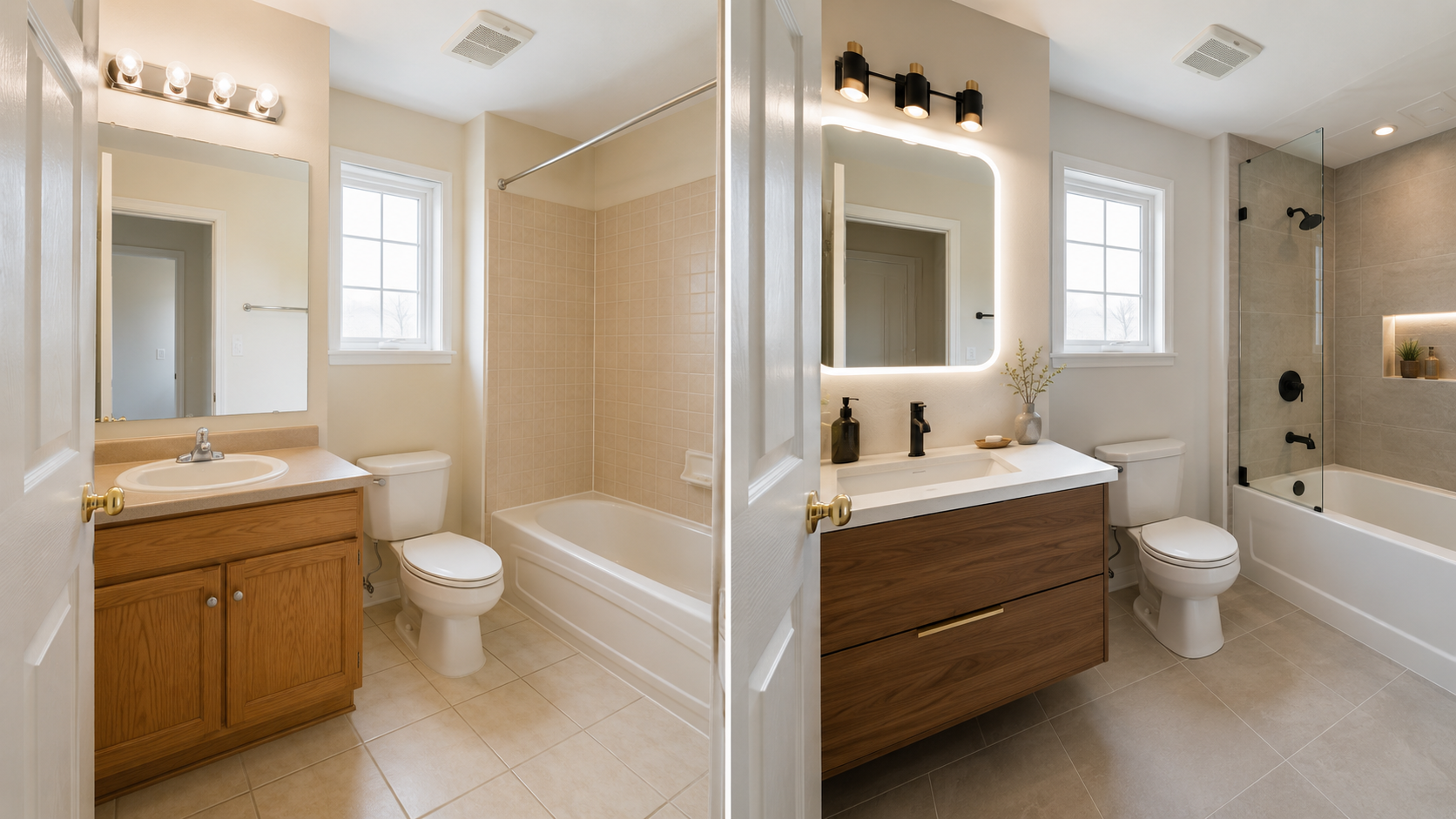 The same clean but dated bathroom before and after a coordinated warm-modern investor renovation