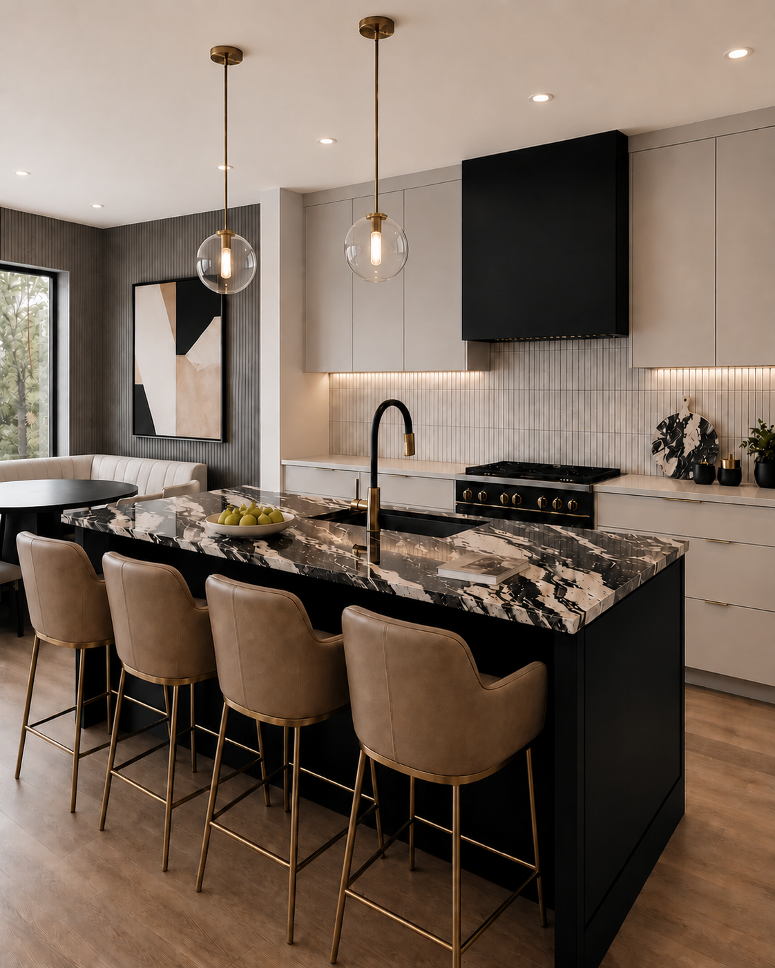 Bold black and stone kitchen with balanced pendant lights, a bowl of green pears and a cookbook on the island