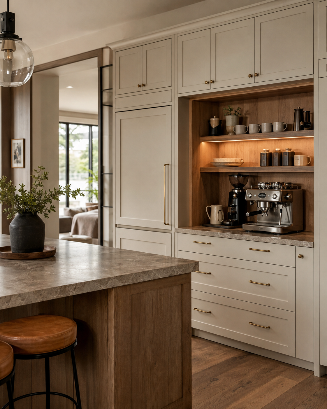 Warm modern kitchen with an integrated illuminated coffee bar and espresso station