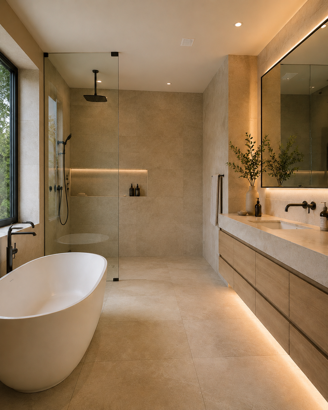 Warm modern bathroom with a fixed glass doorless shower, freestanding tub, illuminated floating vanity and continuous large-format tile