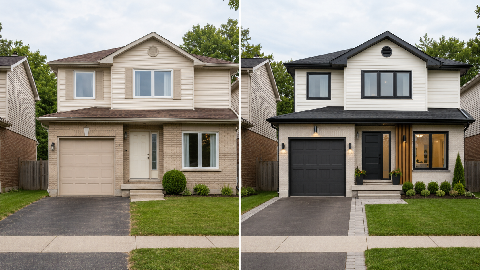 Illustrative house-flip transformation showing the same dated GTA home before and after a warm modern exterior update