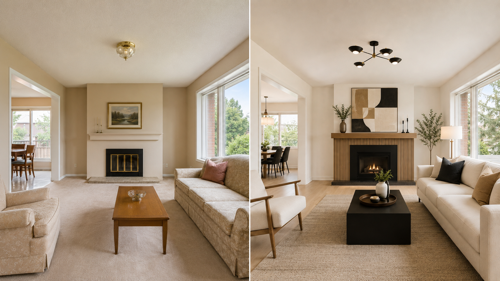 Illustrative house-flip transformation showing the same dated living room before and after a warm modern renovation