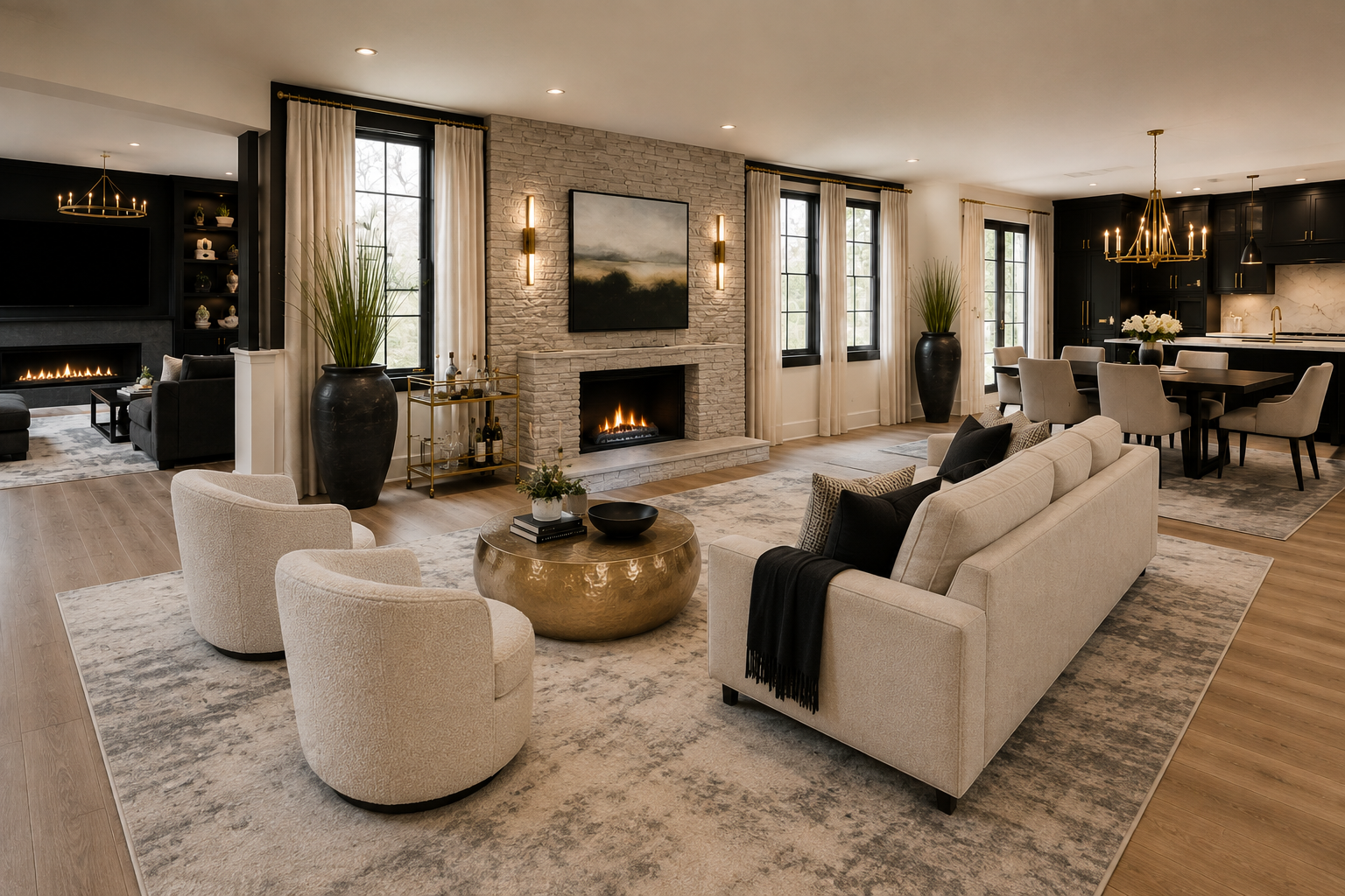 Open-plan family room with seating arranged toward an unobstructed stone fireplace and coordinated dining and kitchen spaces beyond
