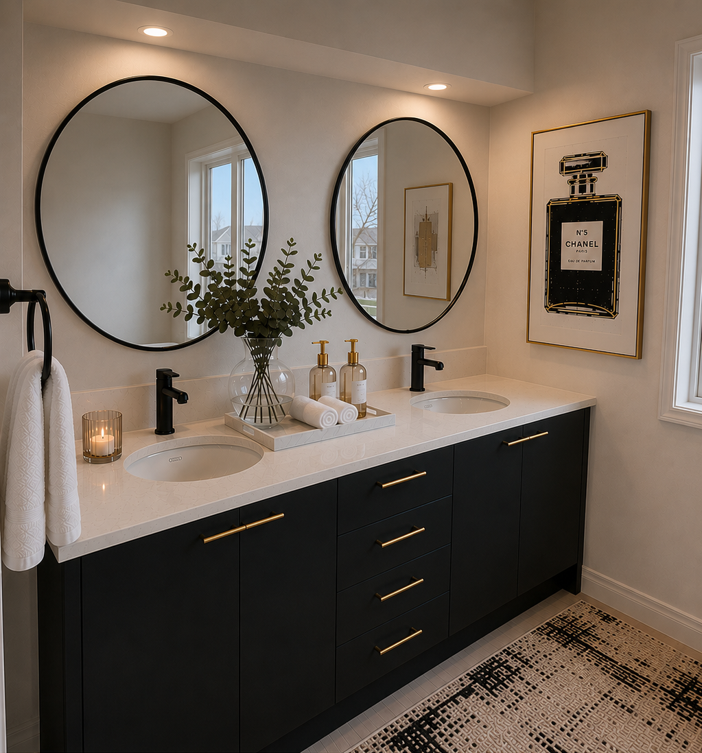 Pre-construction bathroom vanity concept with black cabinetry, brass hardware, dual sinks, round mirrors and coordinated lighting