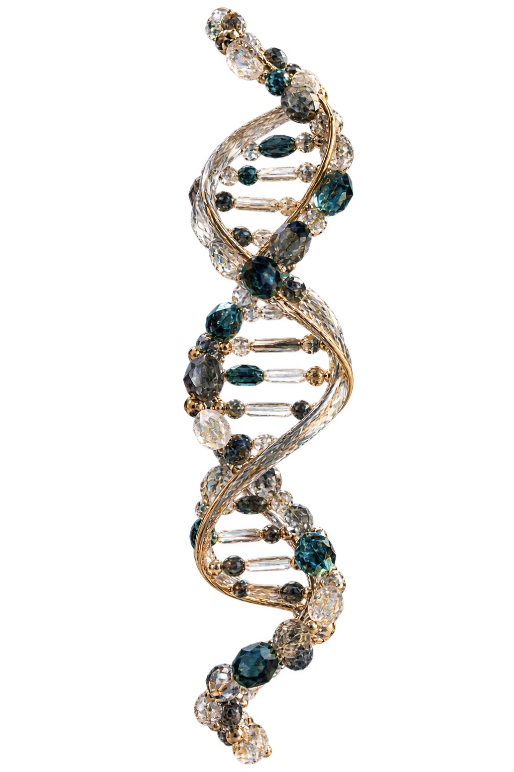 Crystal Design DNA double helix in teal, clear, smoky crystal, and warm gold