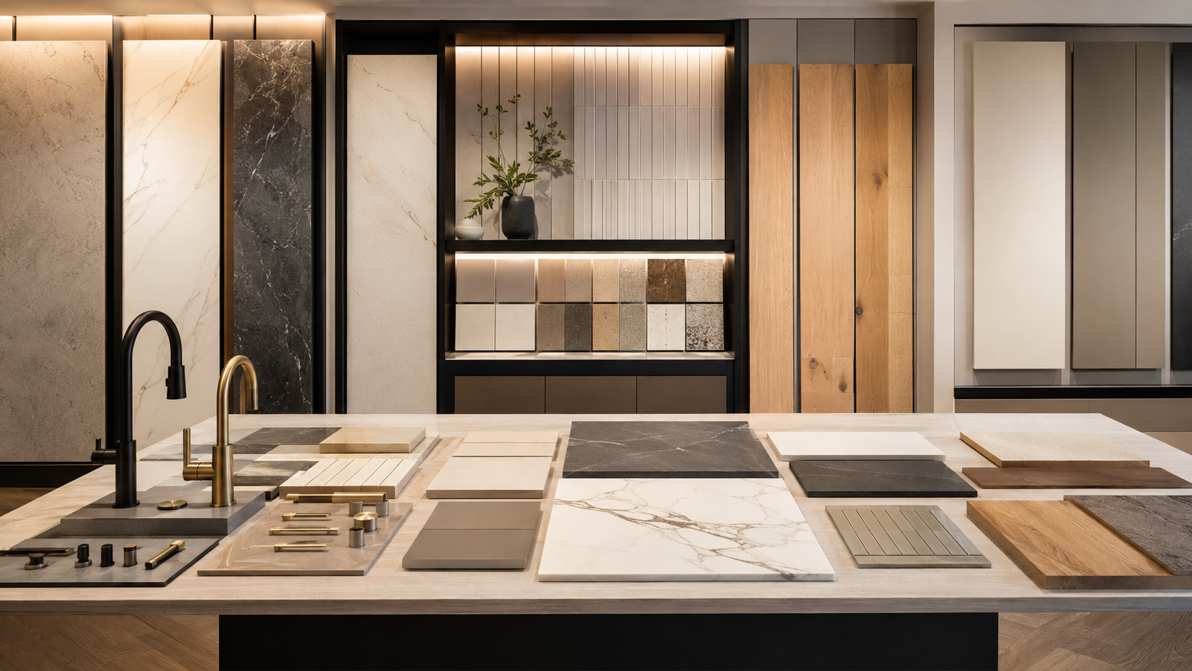 Modern interior finish showroom with cabinetry, wood, stone, tile, and fixture samples