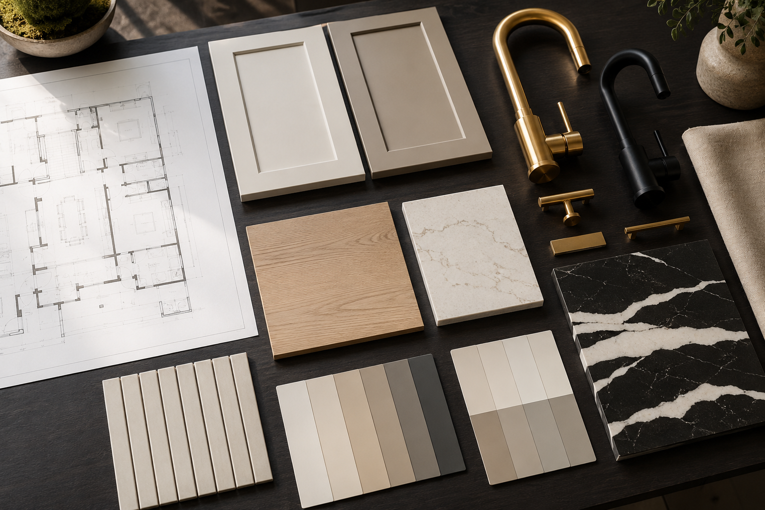 Modern pre-construction selections with plans, cabinet doors, wood, stone, tile, faucets, and paint swatches