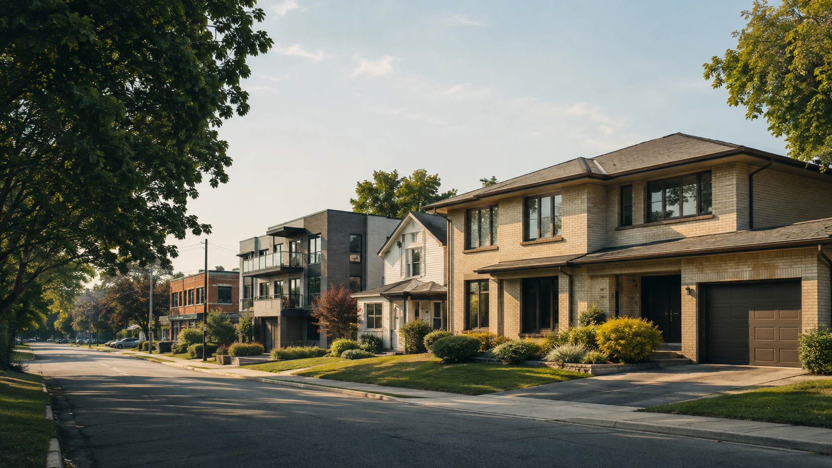 A varied Ontario streetscape with detached, multifamily, and mixed-use properties