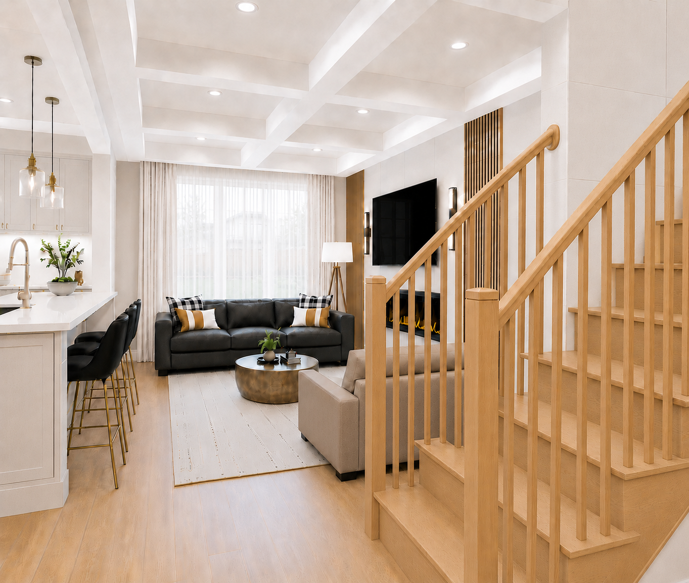 Family room design concept with a taupe waffle ceiling and white beams, oak staircase, charcoal sofa, neutral tan chair and closed sheer curtains