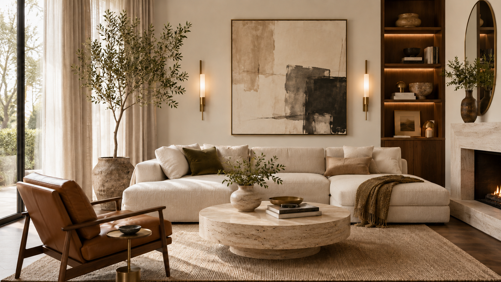 Warm modern family room with a cream sectional, cognac leather chair, large abstract artwork and balanced brass sconces